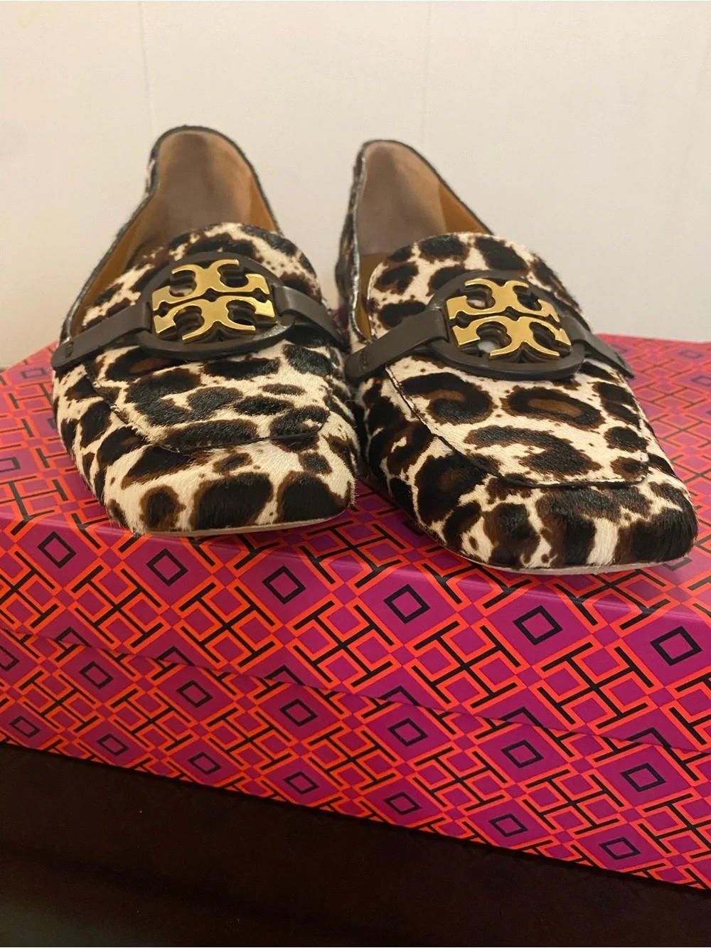 Tory Burch Metal Miller Loafer Printed Baby Haircalf Cream Leopard / Gold Sz 10